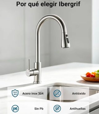 Grifo Cocina Ibergrif Acero Inox 304 Extraíble