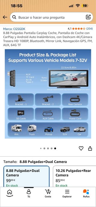 Pantalla Carplay Coche 8.88 Dual Cam