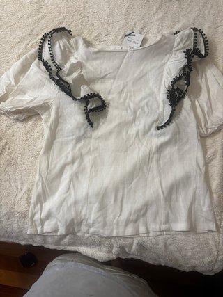 Blusa Verano Mujer Blanca adornos en negro