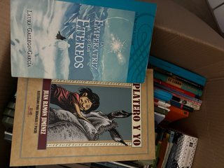 Caja con un conjunto de libros de temática variada