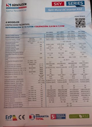 Aire Acondicionado SINCLAIR 3000 Frig  R32 wifi