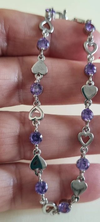 Pulsera Plata 925 Corazones y Circonitas Moradas