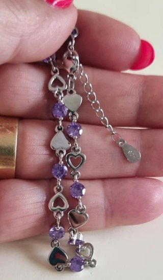 Pulsera Plata 925 Corazones y Circonitas Moradas