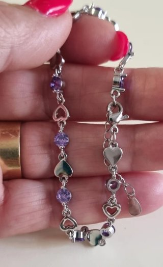 Pulsera Plata 925 Corazones y Circonitas Moradas