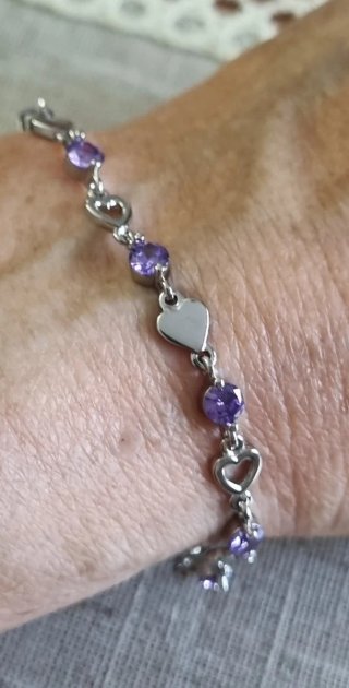 Pulsera Plata 925 Corazones y Circonitas Moradas