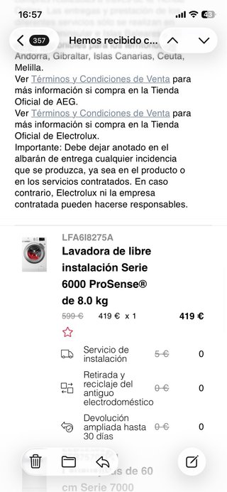 Lavadora AEG 6000 ProSense 8kg Nueva