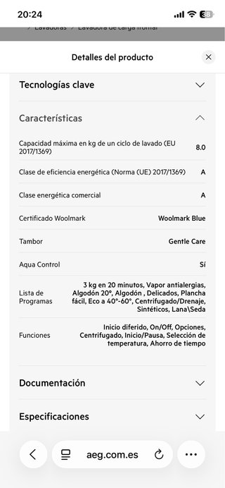 Lavadora AEG 6000 ProSense 8kg Nueva