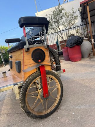 Carruaje de madera y metal con accesorios
