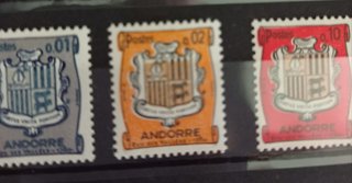 Sellos Andorra 1, 2, 10 y 20 céntimos de franco.