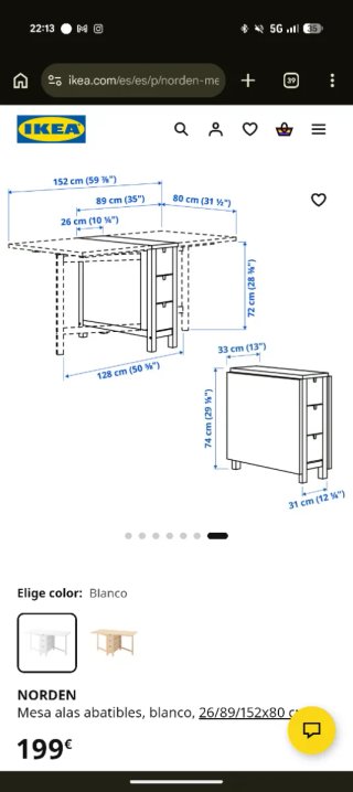 Mesa alas abatibles Norden blanca Ikea