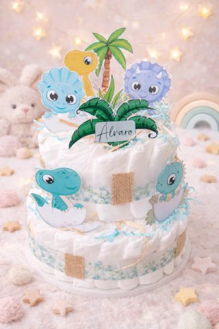 Tarta de pañales dinosaurios baby.