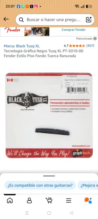 Cejuela Guitarra Fender Black Tusq XL