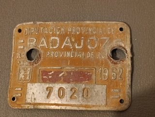 Matrícula Bicicleta Varilla Badajoz 1962
