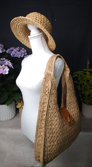 Bolso hombro rafia crochet beige hobo, nuevo