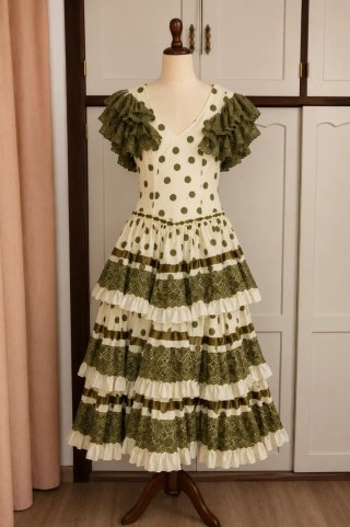 Vestido Flamenca Beige y Verde Talla Única