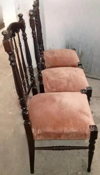 Tris sedie salotto in velluto e legno