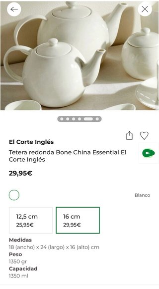 Tetera El Corte Inglés grande Porcelana Blanca