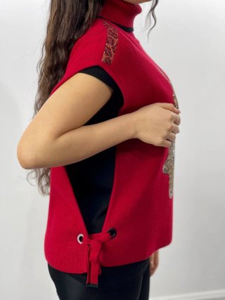 Chaleco tipo jersey en rojo con leopardo en strass