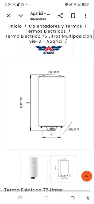 URGE MUDANZA Termo eléctrico Aparici 75L