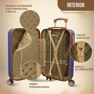 Maleta azul y marrón