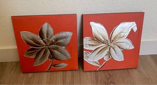 2 Cuadros Flores Naranja y Plata