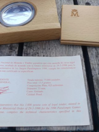 Moneda 1000 Pesetas Plata 1996 Paralímpicos