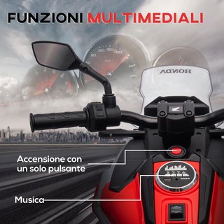 Moto Elettrica per Bambini 3-6 Anni con Licenza Honda, Luci, Musica e Ruote, Moto Giocattolo in PP e Metallo, 107X46X75 Cm, Rosso