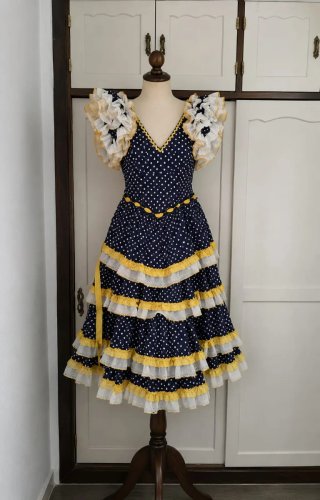 Vestido Flamenca Azul con Lunares Blancos