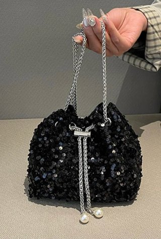 Borsetta paillettes nera con perle