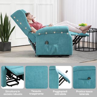Sillón Eléctrico Elevador Reclinable 135°, Sillón Relax Eléctrico en Tejido Efecto Lino con Mando a Distancia, Reposapiés y 2 Bolsillos Laterales para Salón, Azul