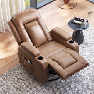 Sillón Masajeador Reclinable Manual, Sillón Relax Giratorio, Lumbar Calefactable Con Balanceo, Portavasos, Control Remoto, Reposapiés, Bolsillos Laterales, en Piel PU, Marrón Claro