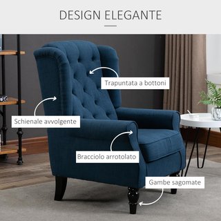 Poltrona da Camera da Letto Stile Francese con Ampio Sedile, Poltroncina Imbottitura con Braccioli e Imbottitura, con Gambe in Legno per Soggiorno e Ufficio, Blu