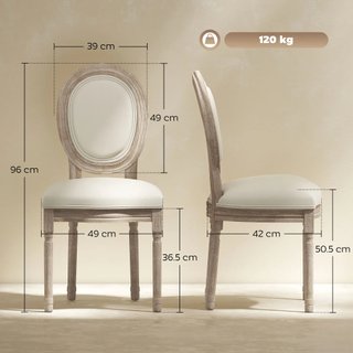 Set di 2 Sedie Imbottito per Sala da Pranzo, Sedie Stile Vintage Rétro in Legno e Tela Effetto Lino Bianco Crema 49x56x96cm