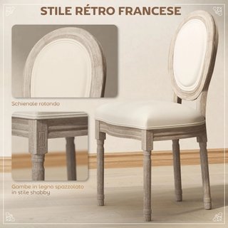Set di 2 Sedie Imbottito per Sala da Pranzo, Sedie Stile Vintage Rétro in Legno e Tela Effetto Lino Bianco Crema 49x56x96cm