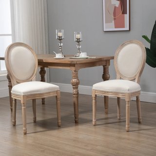 Set di 2 Sedie Imbottito per Sala da Pranzo, Sedie Stile Vintage Rétro in Legno e Tela Effetto Lino Bianco Crema 49x56x96cm