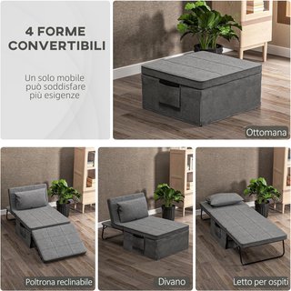 Pouf Cama Plegable Multiusos 4 en 1, Camilla Chaise Longue Ahorra Espacio Con Respaldo Reclinable en 5 Niveles, Gris