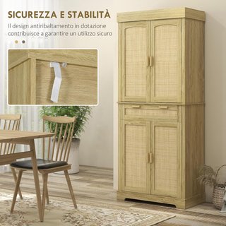 Alto Armario de Cocina Estilo Boho con 2 Armarios y un Cajón, Mueble de Cocina con Portaspecias de Madera y Ratán, 76X40X183Cm, Roble
