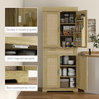 Alto Armario de Cocina Estilo Boho con 2 Armarios y un Cajón, Mueble de Cocina con Portaspecias de Madera y Ratán, 76X40X183Cm, Roble