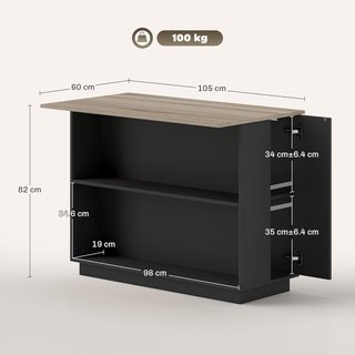 Isla de Cocina Con 2 Estantes Abiertos Y 2 Armarios Con Puertas, Mueble De Cocina en MDF, 105X60X82 Cm, Color Roble Y Negro