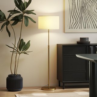 Lampada da terra con controllo remoto e luminosità regolabile 3000K-6000K, lampada dimmerabile con schermo in tessuto, per soggiorno e camera da letto, oro