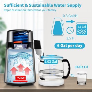 Destilador de Agua, 1 L/H, Fabricante de Agua Destilada de 4L con Temporizador de 0-99 H, Purificador de Agua de Encimera de 750W con Pantalla de Doble Temperatura, Polvo de Limpieza de Jarra de V...