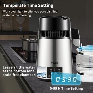 Destilador de Agua, 1 L/H, Fabricante de Agua Destilada de 4L con Temporizador de 0-99 H, Purificador de Agua de Encimera de 750W con Pantalla de Doble Temperatura, Polvo de Limpieza de Jarra de V...