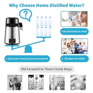 Destilador de Agua, 1 L/H, Fabricante de Agua Destilada de 4L con Temporizador de 0-99 H, Purificador de Agua de Encimera de 750W con Pantalla de Doble Temperatura, Polvo de Limpieza de Jarra de V...
