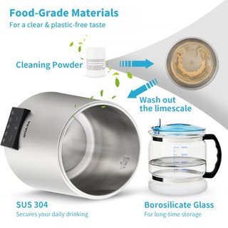 Destilador de Agua, 1 L/H, Fabricante de Agua Destilada de 4L con Temporizador de 0-99 H, Purificador de Agua de Encimera de 750W con Pantalla de Doble Temperatura, Polvo de Limpieza de Jarra de V...