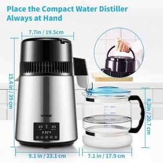 Destilador de Agua, 1 L/H, Fabricante de Agua Destilada de 4L con Temporizador de 0-99 H, Purificador de Agua de Encimera de 750W con Pantalla de Doble Temperatura, Polvo de Limpieza de Jarra de V...