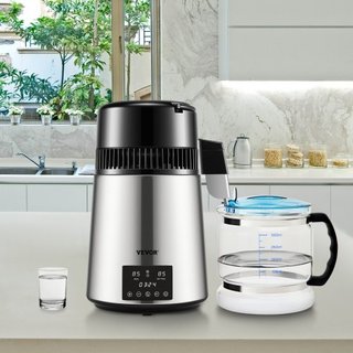 Destilador de Agua, 1 L/H, Fabricante de Agua Destilada de 4L con Temporizador de 0-99 H, Purificador de Agua de Encimera de 750W con Pantalla de Doble Temperatura, Polvo de Limpieza de Jarra de V...