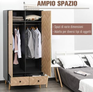 Armario de 2 Puertas con Patas de Madera, 4 Compartimentos, 2 Cajones y Perchero para Dormitorio en Madera de Aglomerado, Gris Oscuro, 90X50X190Cm