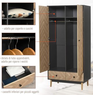 Armario de 2 Puertas con Patas de Madera, 4 Compartimentos, 2 Cajones y Perchero para Dormitorio en Madera de Aglomerado, Gris Oscuro, 90X50X190Cm