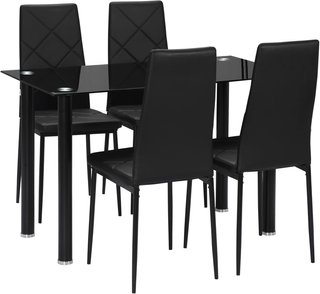 Set da pranzo con tavolo e 4 sedie, tavolo rettangolare in vetro temperato e acciaio e sedie imbottite con schienale alto per cucina e soggiorno, nero