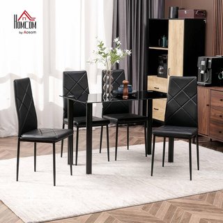 Set da pranzo con tavolo e 4 sedie, tavolo rettangolare in vetro temperato e acciaio e sedie imbottite con schienale alto per cucina e soggiorno, nero